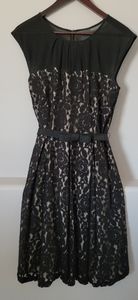 Gabby Skye sleeveless lace overlay black & cream dress with belt. Size 6.